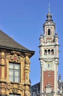 Decorated historical facade and bell tower of Chamber of Commerce at the quarter Vieux-Lille