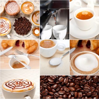 Selection of different coffee type on collage composition nested white frame