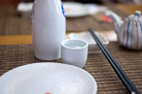 Japanese style table set and sake bottle and cup