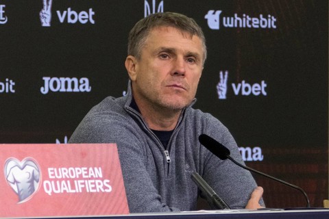 Coach Serhiy REBROV Ukraine pensive at the post-match press conference