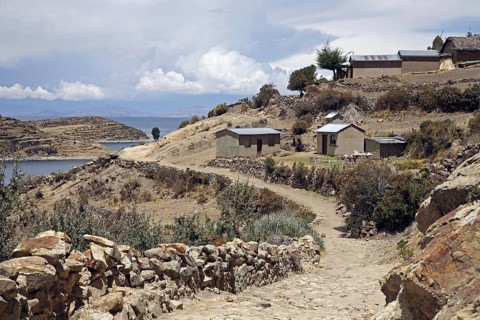 Hiking trail on the island Isla del Sol in Lake Titicaca
