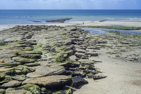 Jurassic rock layers exposed at low tide on the beach at Ambleteuse along rocky North Sea coast