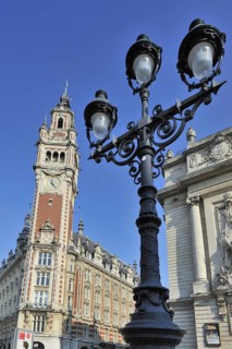 Bell tower of Chamber of Commerce and the Opera de Lille at the Place du Theatre