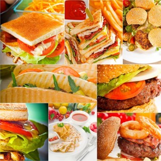 Burgers and sandwiches collection on a collage nested square canvas