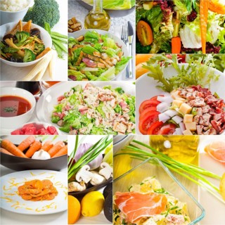 Mixwd fresh salad collage composition nested on a square frame