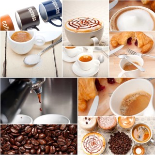 Selection of different coffee type on collage composition nested white frame