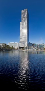 Cologne Tower reflected in the Mediapark Lake