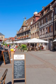 Old town with restaurants and historic buildings