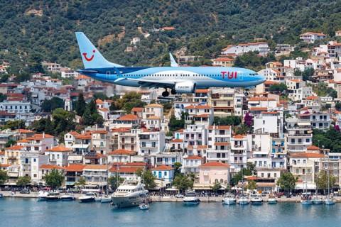 A TUI Airways Boeing 737 MAX 8 aircraft with the registration G-TUMD at Skiathos Airport