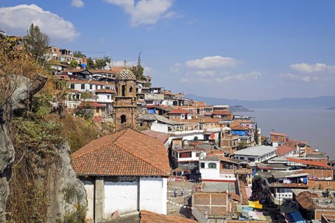 View over alleys and houses in the village on the island Isla de Janitzio in lake Pa? tzcuaro