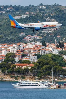 A Boeing 737-800 Jet2 aircraft with registration G-JZHN at Skiathos Airport