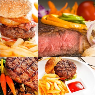 Beef dishes collage composition nested on square frame