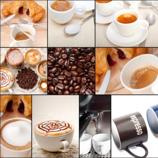 Selection of different coffee type on collage composition nested black frame