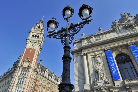 Bell tower of Chamber of Commerce and the Opera de Lille at the Place du Theatre