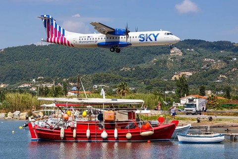 An ATR 72-600 Sky Express aircraft with the registration SX-FIT at Skiathos Airport