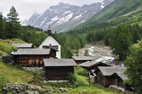 Chapel and traditional wooden chalets and granaries