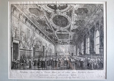 Historical illustration of the Sala Del Maggior Consiglio at the meeting of the Grand Council