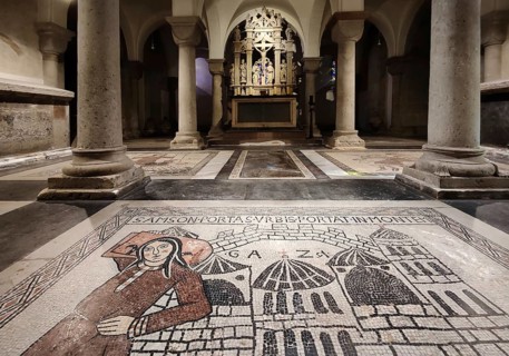 Medieval floor mosaic with Renaissance altar in the crypt