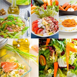 Mixwd fresh salad collage composition nested on a square frame