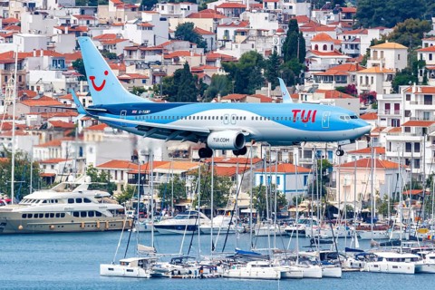 A TUI Airways Boeing 737-800 aircraft with the registration G-TAWP at Skiathos Airport