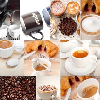 Selection of different coffee type on collage composition nested white frame