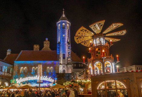 Large Christmas pyramid in front of Dankwarderode Castle at the Braunschweig Christmas Market