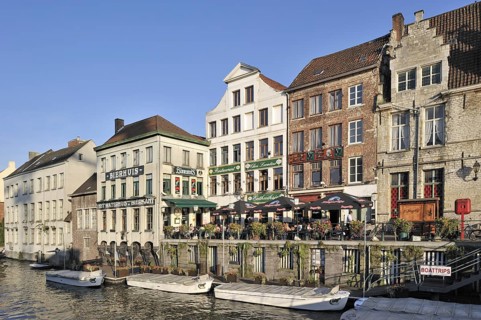 Pavement cafes along the river Lys at Ghent