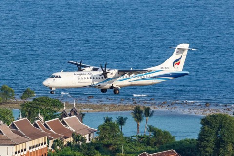 A Bangkok Air ATR 72-600 aircraft with the registration HS-PZE at Koh Samui Airport