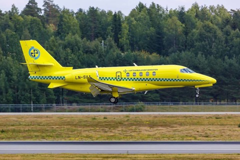 A Cessna 680A Citation Latitude aircraft of Luftambulansetjenesten with the registration LN-SAA at Oslo Gardermoen Airport