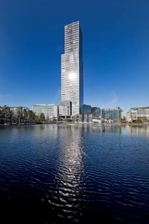 Cologne Tower reflected in the Mediapark Lake