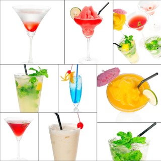 Selection of cocktails drinks collage composition nested on a square frame