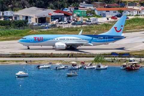 A TUI Airways Boeing 737 MAX 8 aircraft with the registration G-TUMD at Skiathos Airport