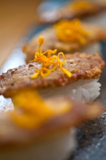 Japanese style sushi fried goose liver macro closeup