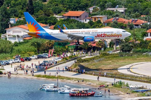 A Boeing 737-800 Jet2 aircraft with registration G-JZHU at Skiathos Airport