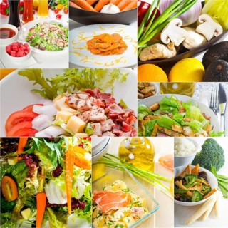 Mixwd fresh salad collage composition nested on a square frame