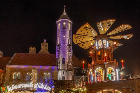 Large Christmas pyramid in front of Dankwarderode Castle at the Braunschweig Christmas Market