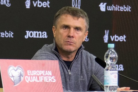 Coach Serhiy REBROV Ukraine pensive at the post-match press conference