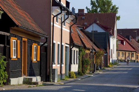 Traditional houses in street of the Hanseatic town Visby