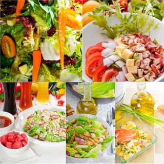 Mixwd fresh salad collage composition nested on a square frame