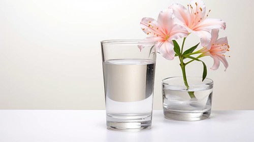 A clear glass of water and a small vase with pink flowers on a white surface illuminated by natural light Ai generated