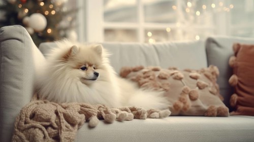 Cute Pomeranian dog on sofa in room decorated for Christmas Ai generated