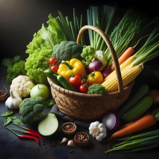 Assorted organic vegetables in a bamboo made basket. AI generated