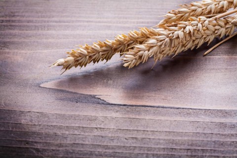 Ears of rye on vintage wooden board food and drink concept