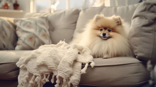 Cute Pomeranian dog on sofa in room decorated for Christmas Ai generated