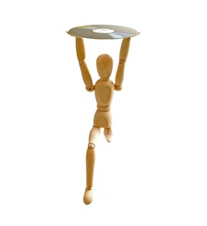 Wood mannequin with CD-rom on white background
