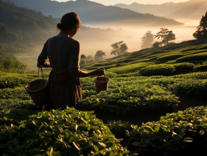An Indian woman in traditional clothing picking tea on a tea plantation