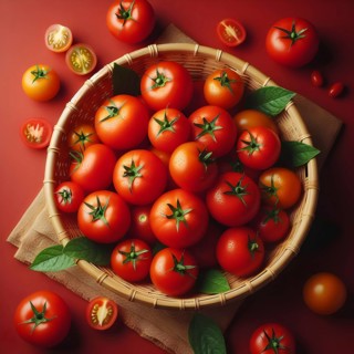 Organic vegetable tomatoes in a bamboo made basket. AI generated