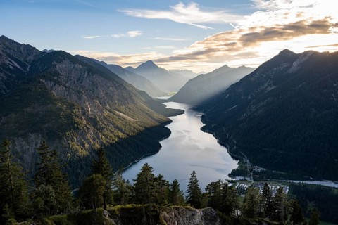 View of the Plansee lake from Schoenjoechl at sunset