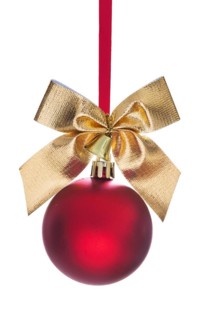 Hanging red Christmas tree bauble with gold-coloured bow and small bell insulated