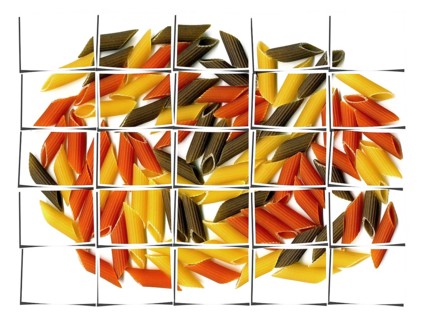 Penne italian pasta on white background collage composition of multiple images over white